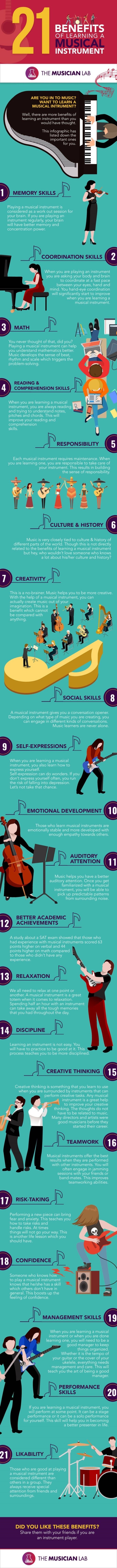 21 Benefits of Learning a Musical Instrument Infographic